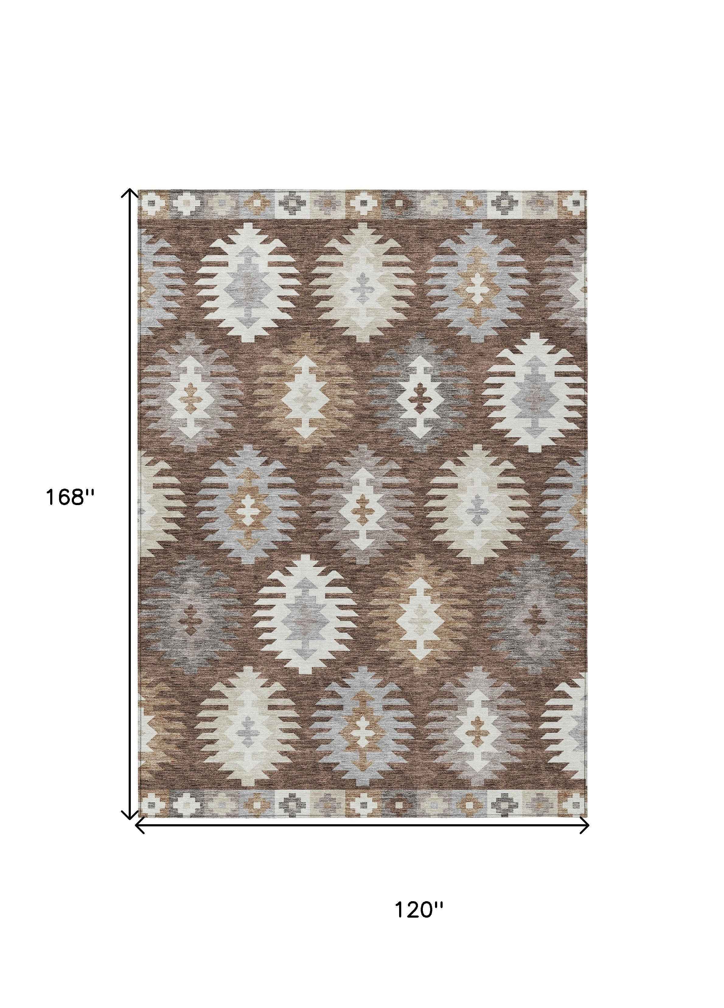 10' X 14' Brown Ivory And Taupe Southwestern Washable Indoor Outdoor Area Rug