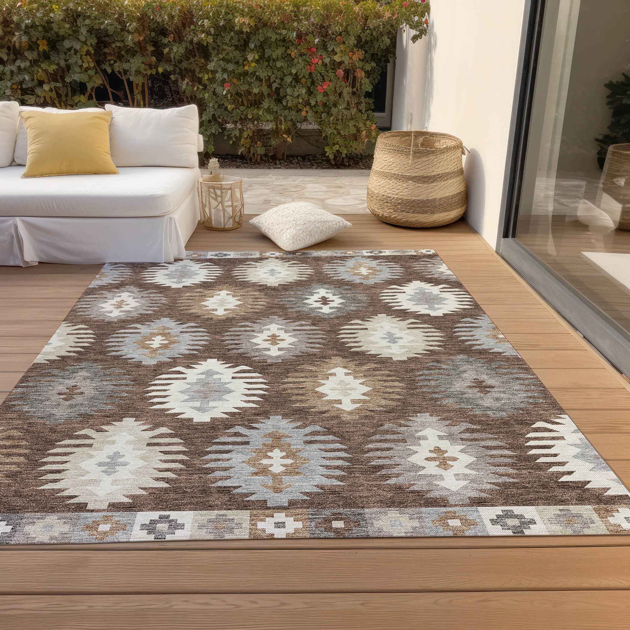 10' X 14' Brown Ivory And Taupe Southwestern Washable Indoor Outdoor Area Rug