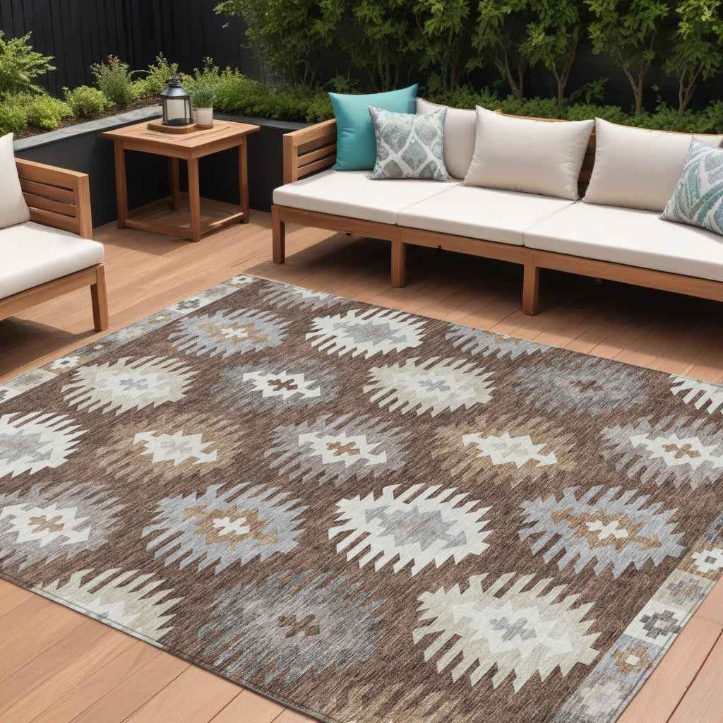 10' X 14' Brown Ivory And Taupe Southwestern Washable Indoor Outdoor Area Rug