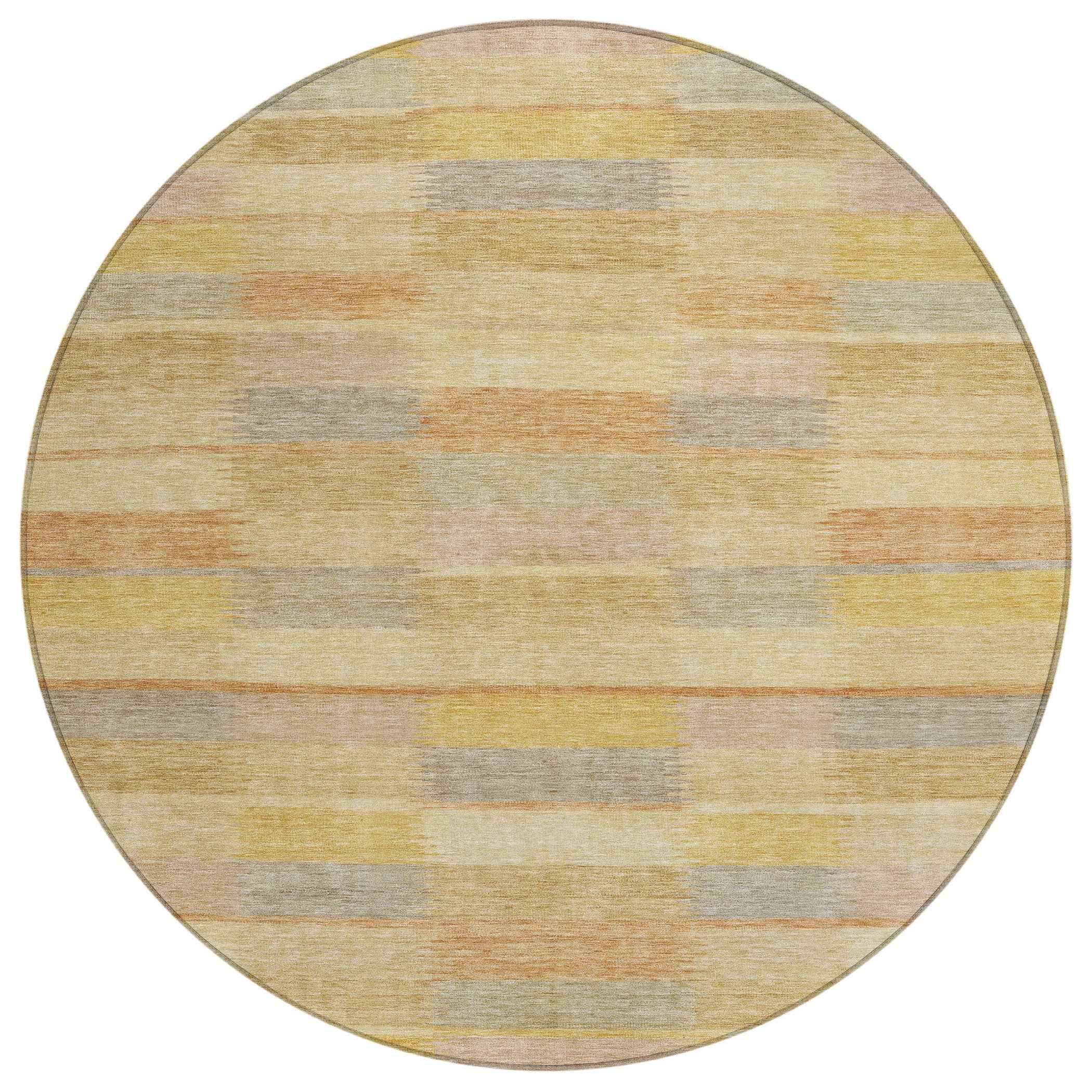 8' Wheat Beige And Gold Round Striped Washable Indoor Outdoor Area Rug