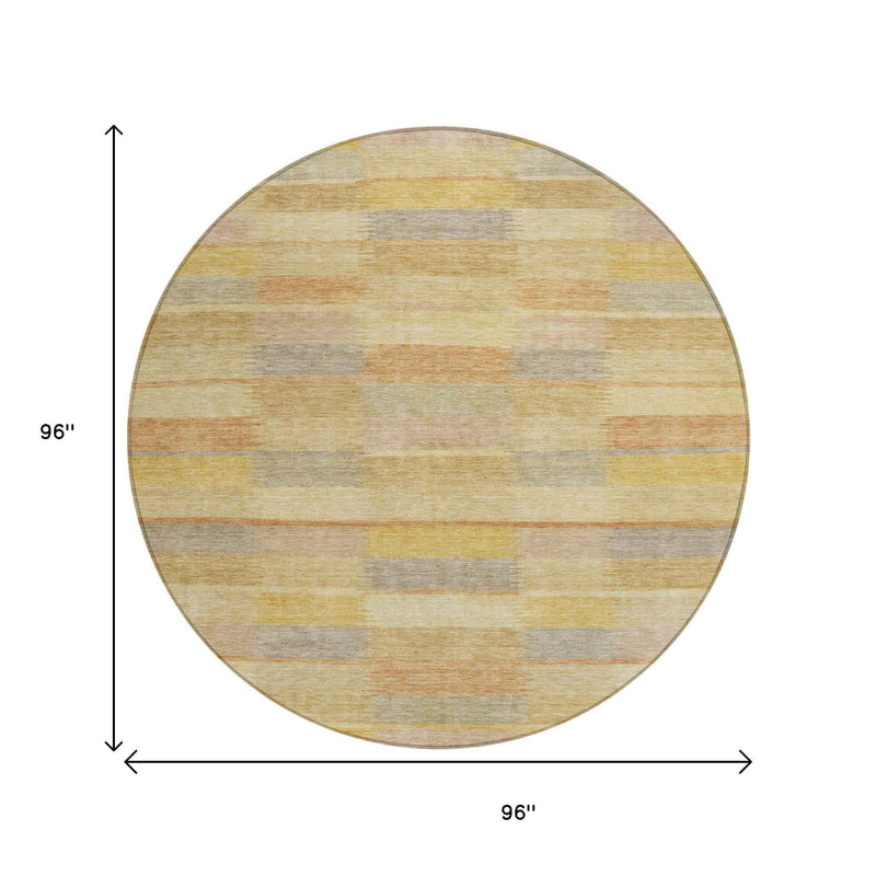 8' Wheat Beige And Gold Round Striped Washable Indoor Outdoor Area Rug