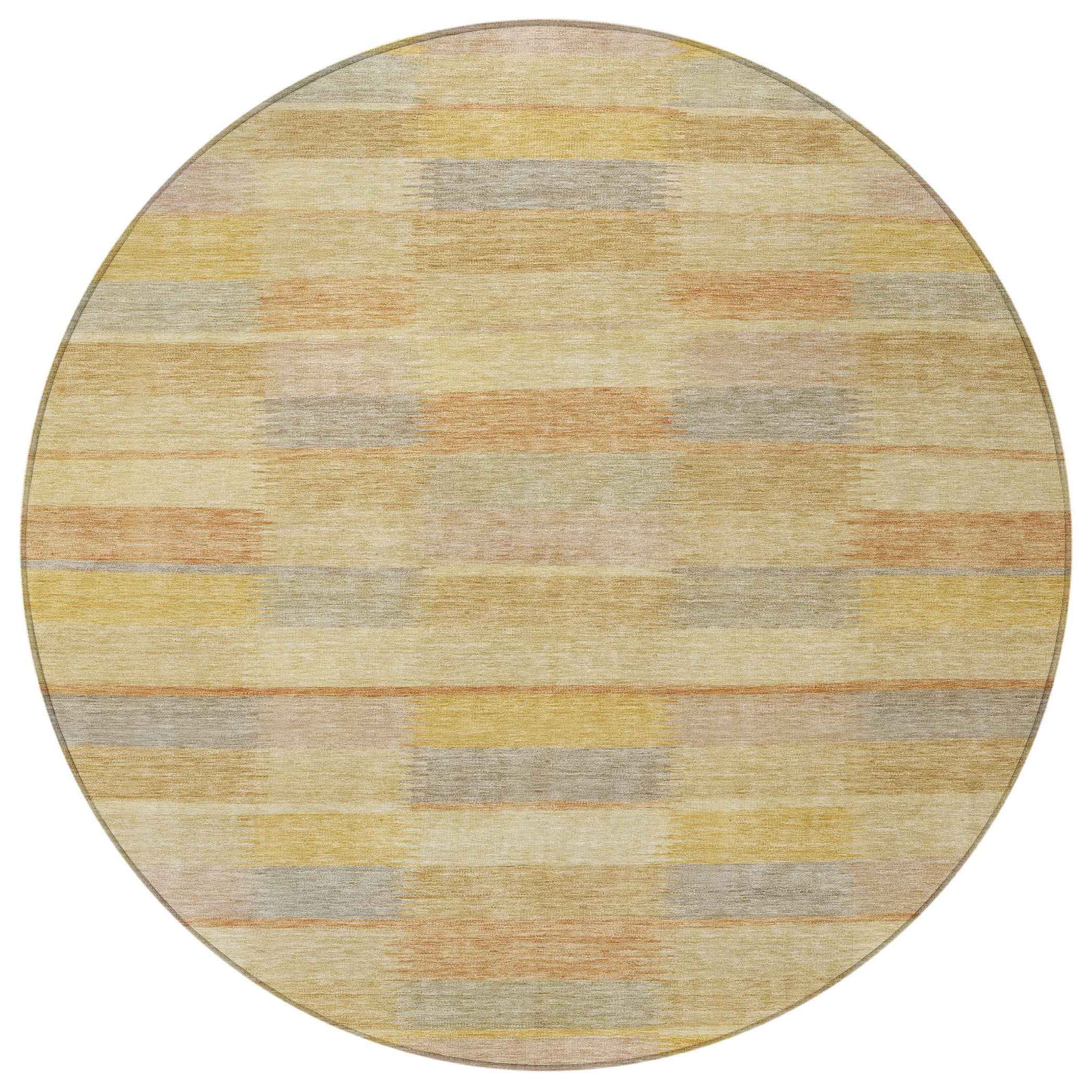 8' Wheat Beige And Gold Round Striped Washable Indoor Outdoor Area Rug
