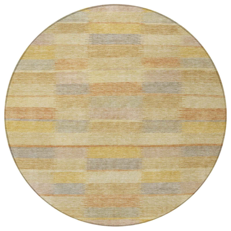 8' Wheat Beige And Gold Round Striped Washable Indoor Outdoor Area Rug