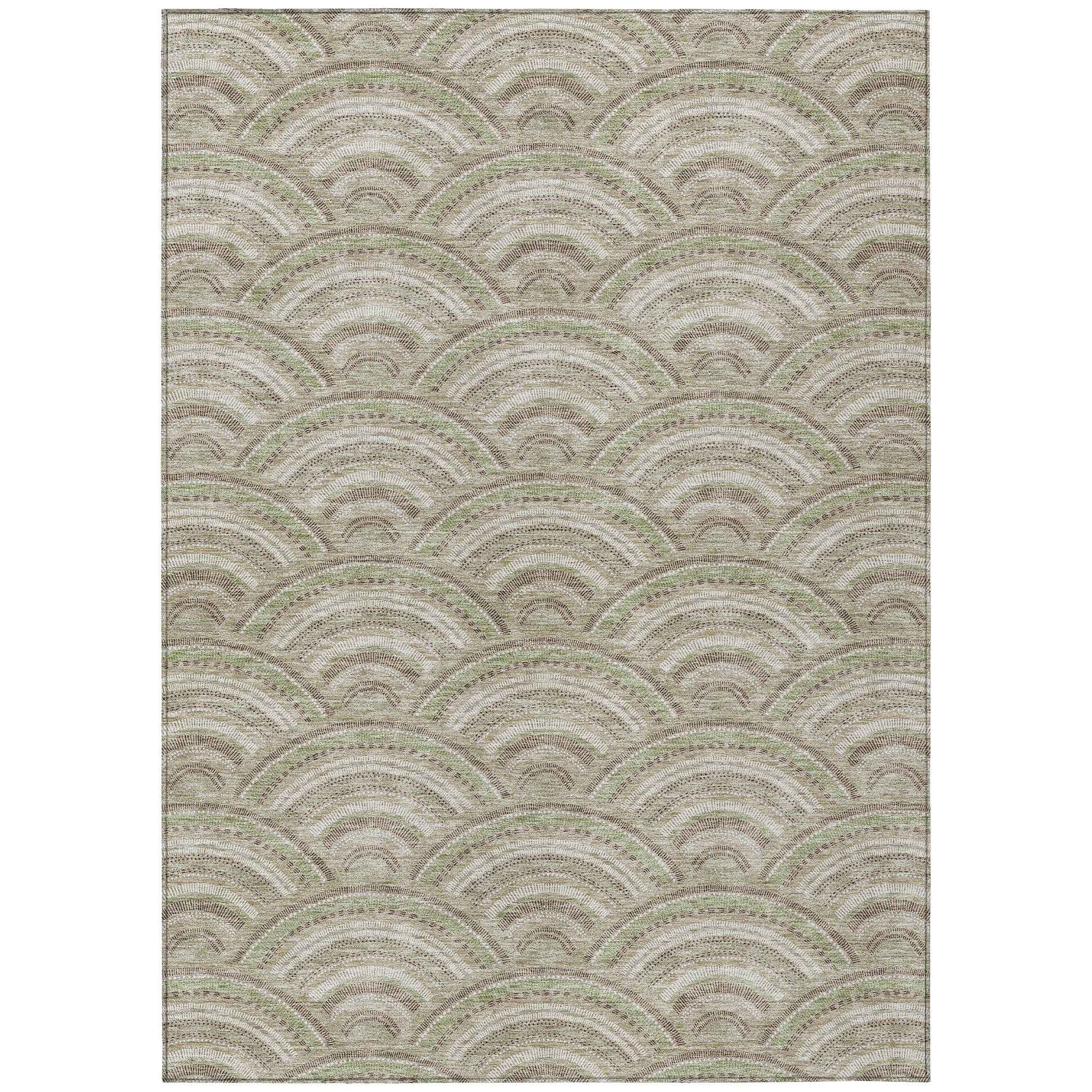 9' X 12' Taupe Fern Green And Ivory Geometric Washable Indoor Outdoor Area Rug