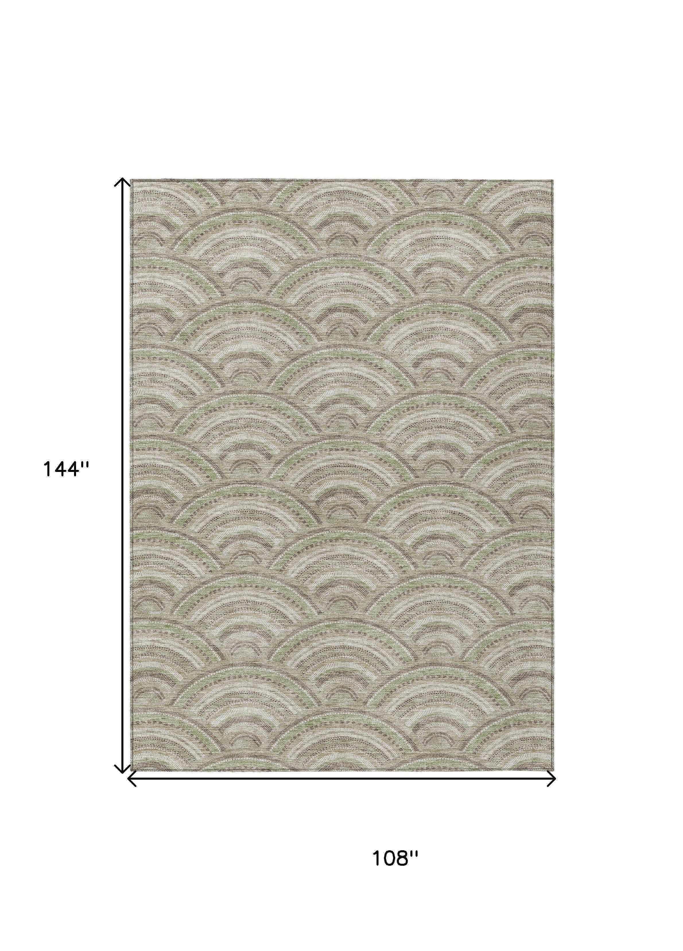 9' X 12' Taupe Fern Green And Ivory Geometric Washable Indoor Outdoor Area Rug