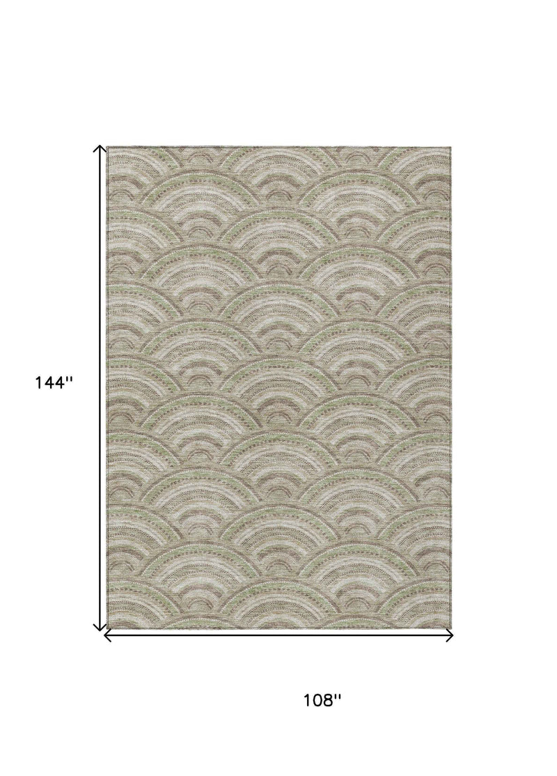 9' X 12' Taupe Fern Green And Ivory Geometric Washable Indoor Outdoor Area Rug