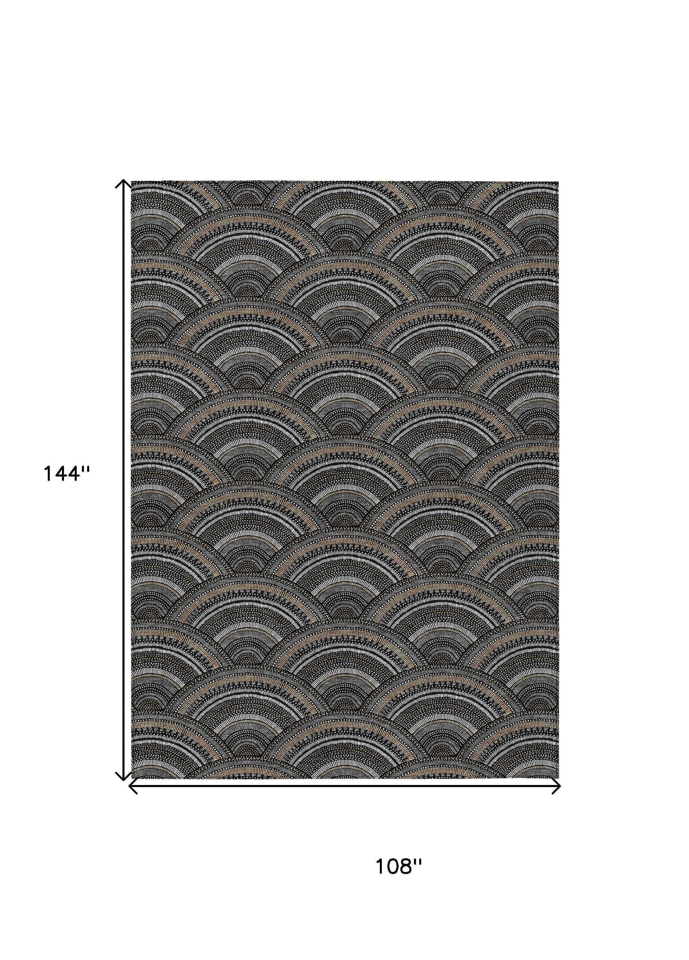 9' X 12' Black Ivory And Gold Geometric Washable Indoor Outdoor Area Rug