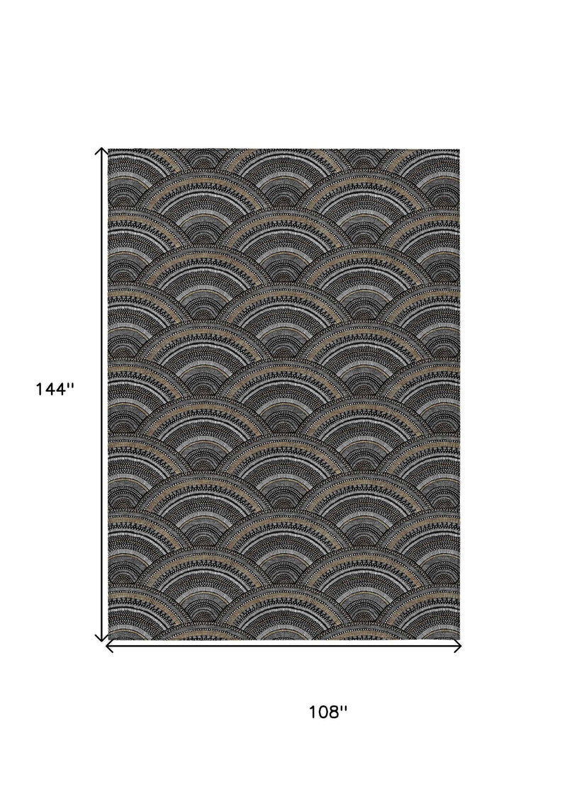 9' X 12' Black Ivory And Gold Geometric Washable Indoor Outdoor Area Rug