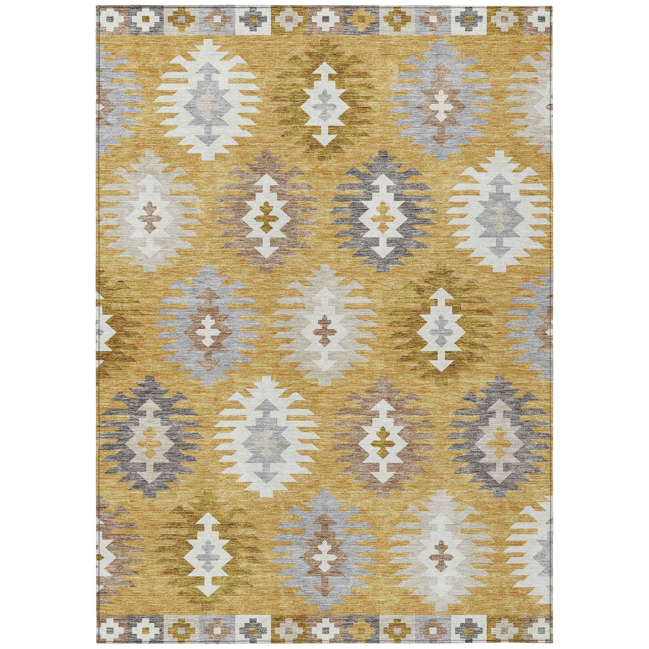 10' X 14' Gold Ivory And Taupe Southwestern Washable Indoor Outdoor Area Rug