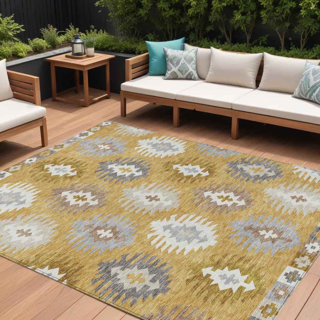 10' X 14' Gold Ivory And Taupe Southwestern Washable Indoor Outdoor Area Rug