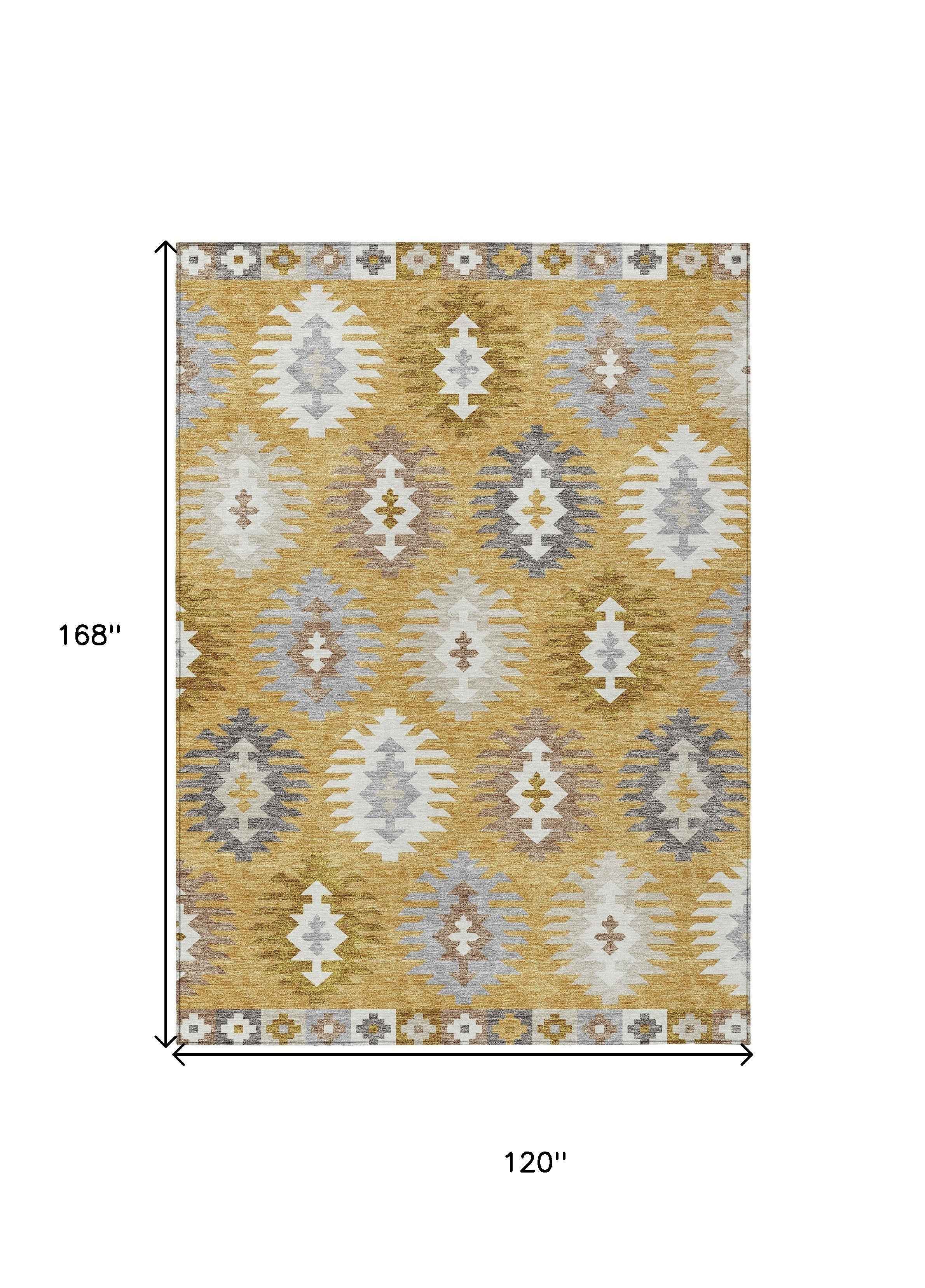 10' X 14' Gold Ivory And Taupe Southwestern Washable Indoor Outdoor Area Rug