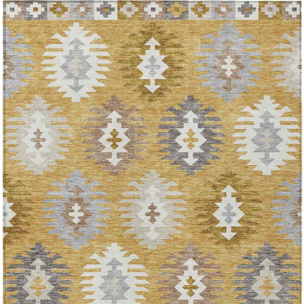 10' X 14' Gold Ivory And Taupe Southwestern Washable Indoor Outdoor Area Rug
