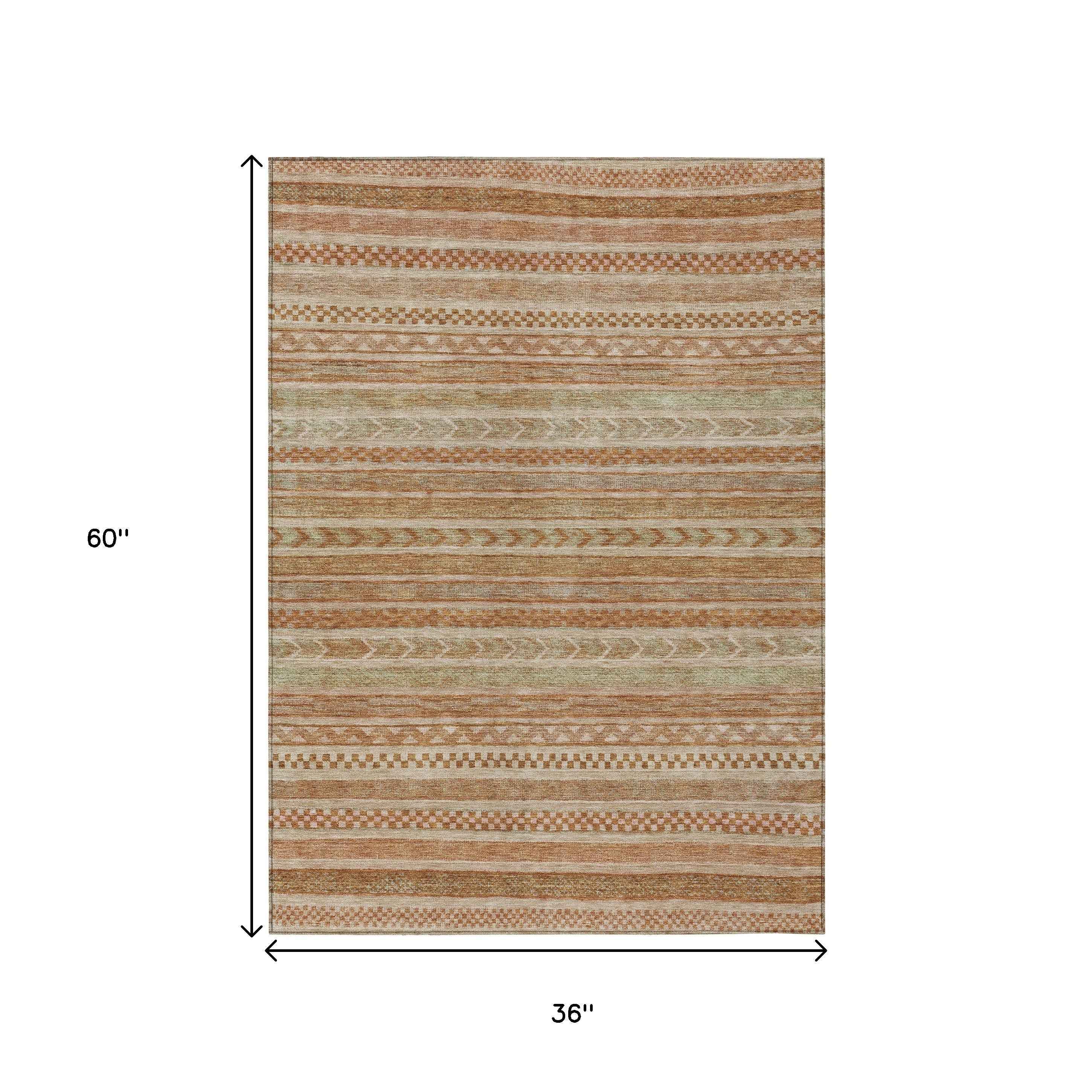 3' X 5' Terra Cotta And Rust Striped Washable Indoor Outdoor Area Rug
