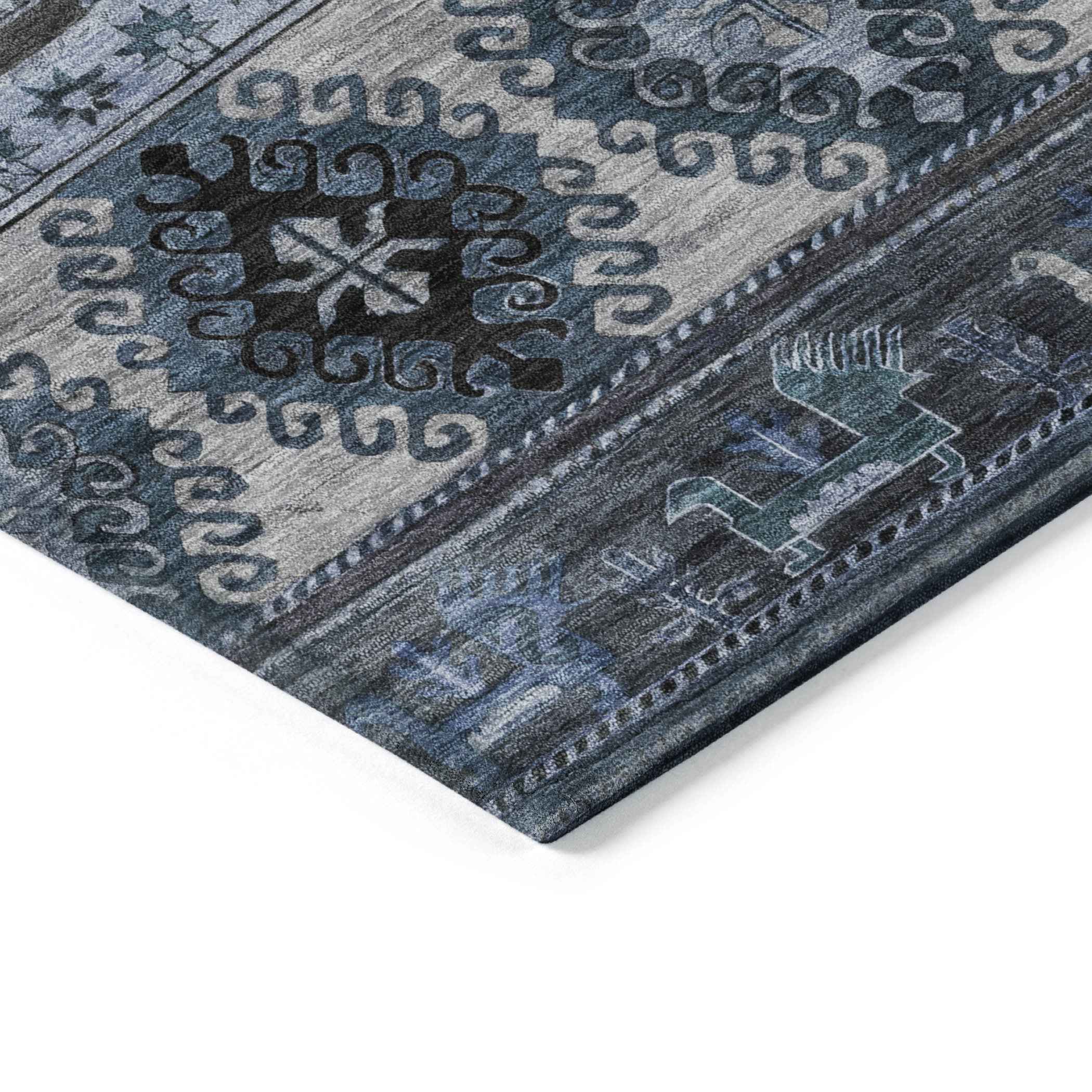 10' X 14' Blue Gray And Charcoal Tribal Washable Indoor Outdoor Area Rug
