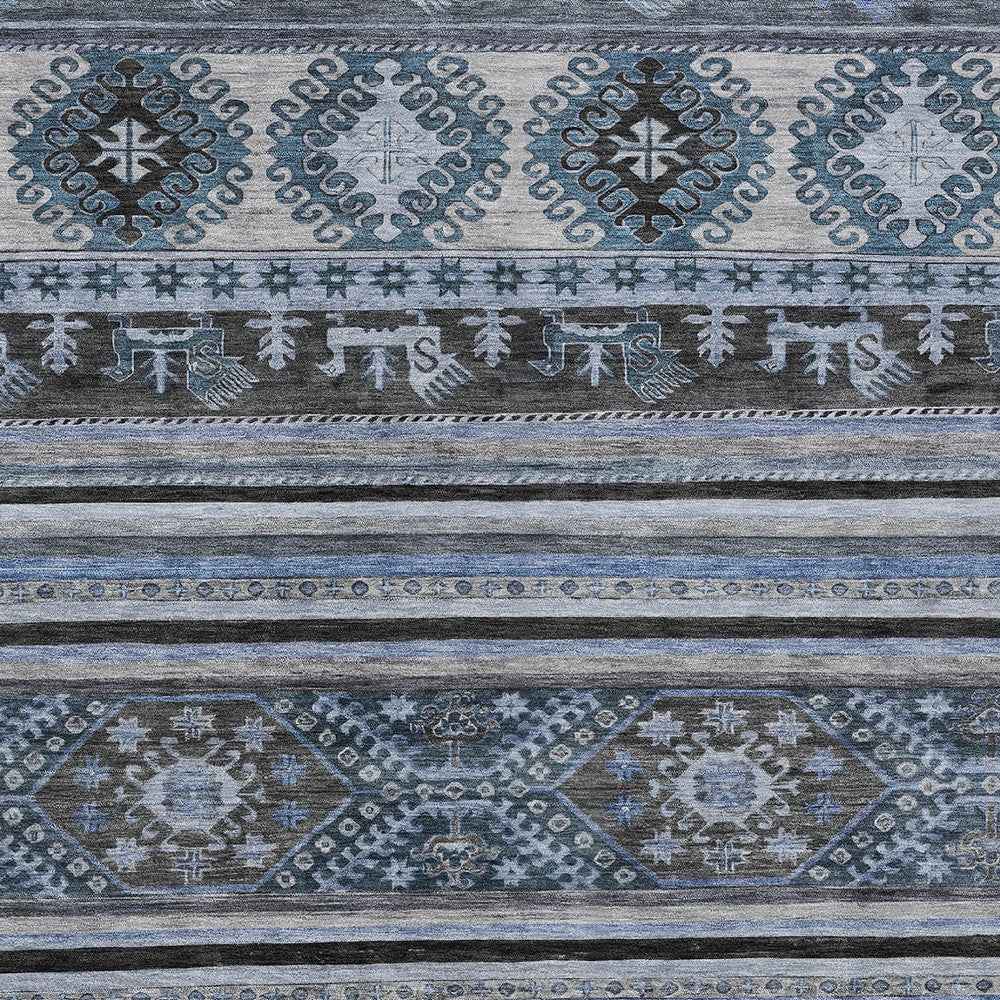 10' X 14' Blue Gray And Charcoal Tribal Washable Indoor Outdoor Area Rug