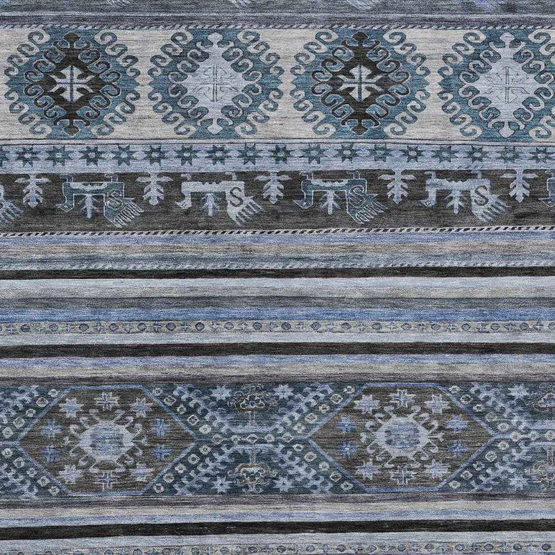 10' X 14' Blue Gray And Charcoal Tribal Washable Indoor Outdoor Area Rug