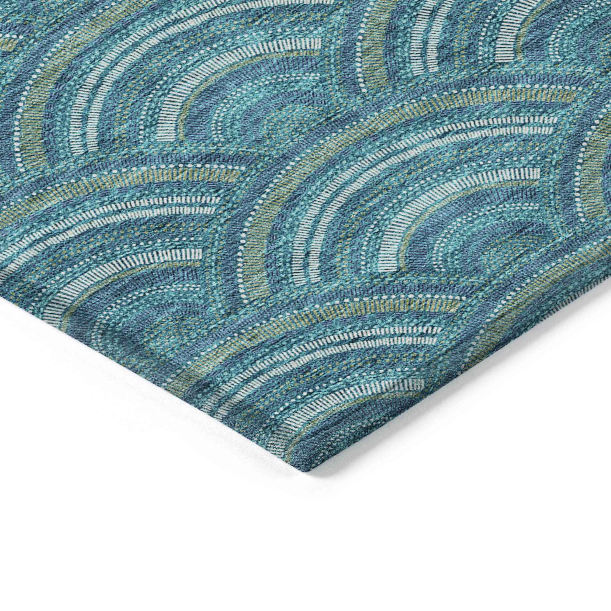 10' X 14' Teal Blue Fern Green And Ivory Geometric Washable Indoor Outdoor Area Rug