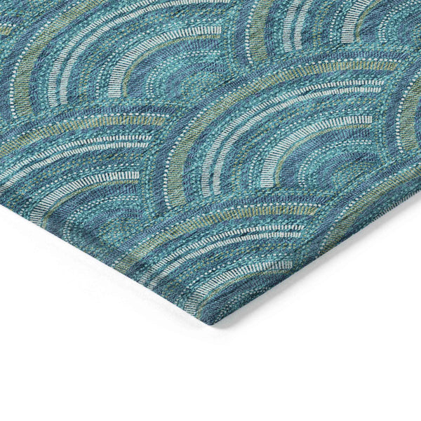 10' X 14' Teal Blue Fern Green And Ivory Geometric Washable Indoor Outdoor Area Rug