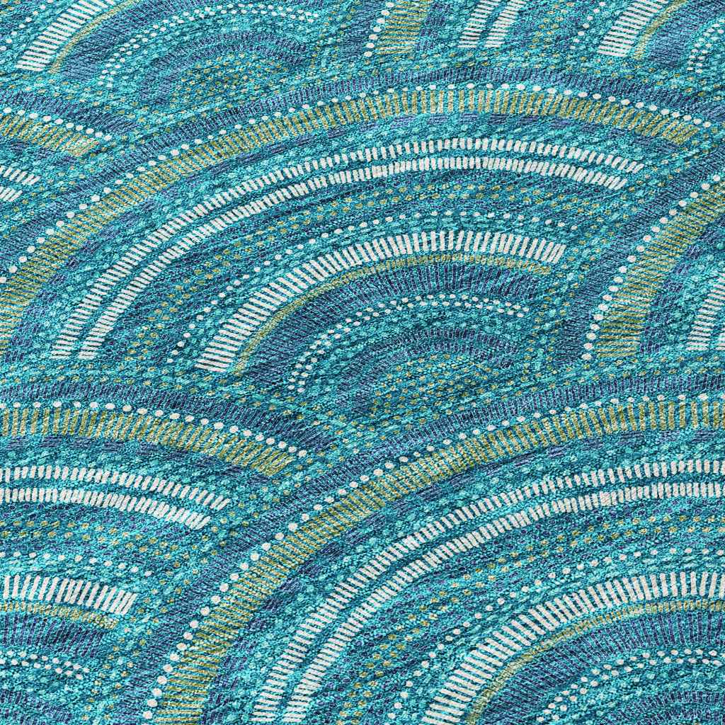 10' X 14' Teal Blue Fern Green And Ivory Geometric Washable Indoor Outdoor Area Rug