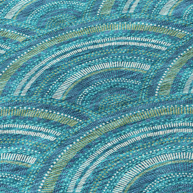 10' X 14' Teal Blue Fern Green And Ivory Geometric Washable Indoor Outdoor Area Rug