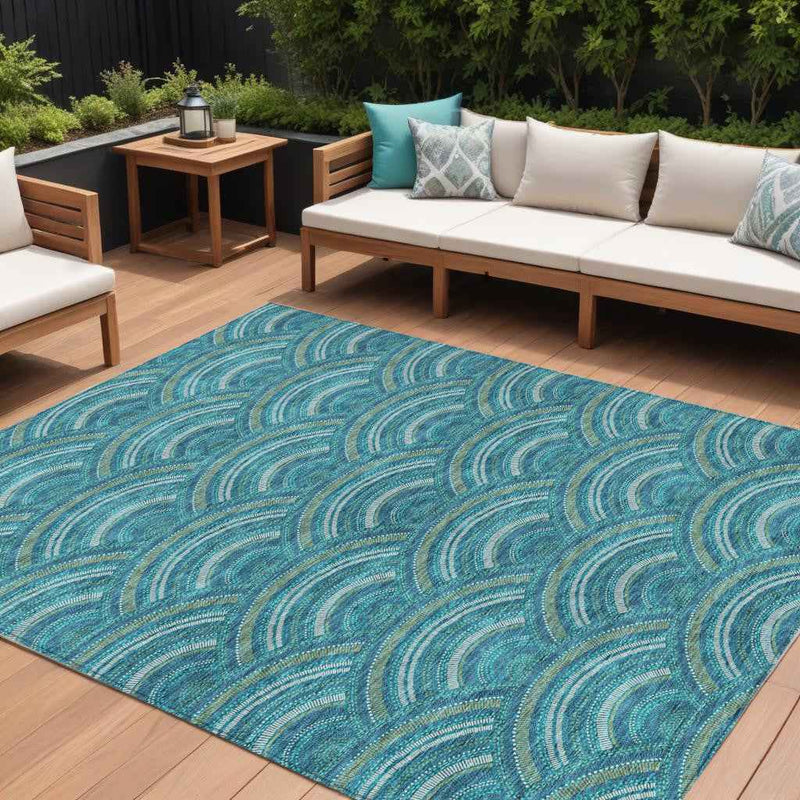10' X 14' Teal Blue Fern Green And Ivory Geometric Washable Indoor Outdoor Area Rug