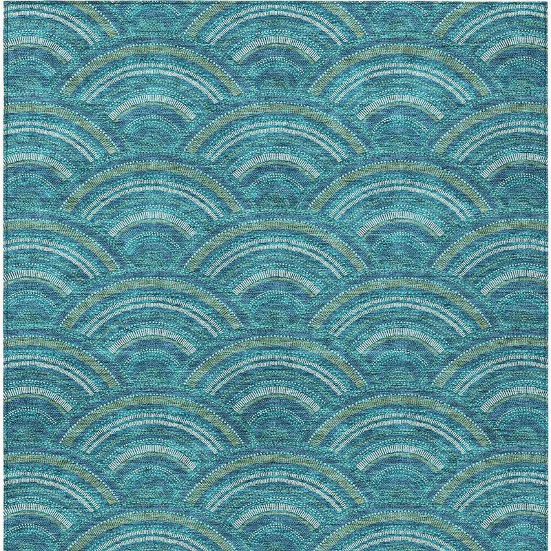 10' X 14' Teal Blue Fern Green And Ivory Geometric Washable Indoor Outdoor Area Rug