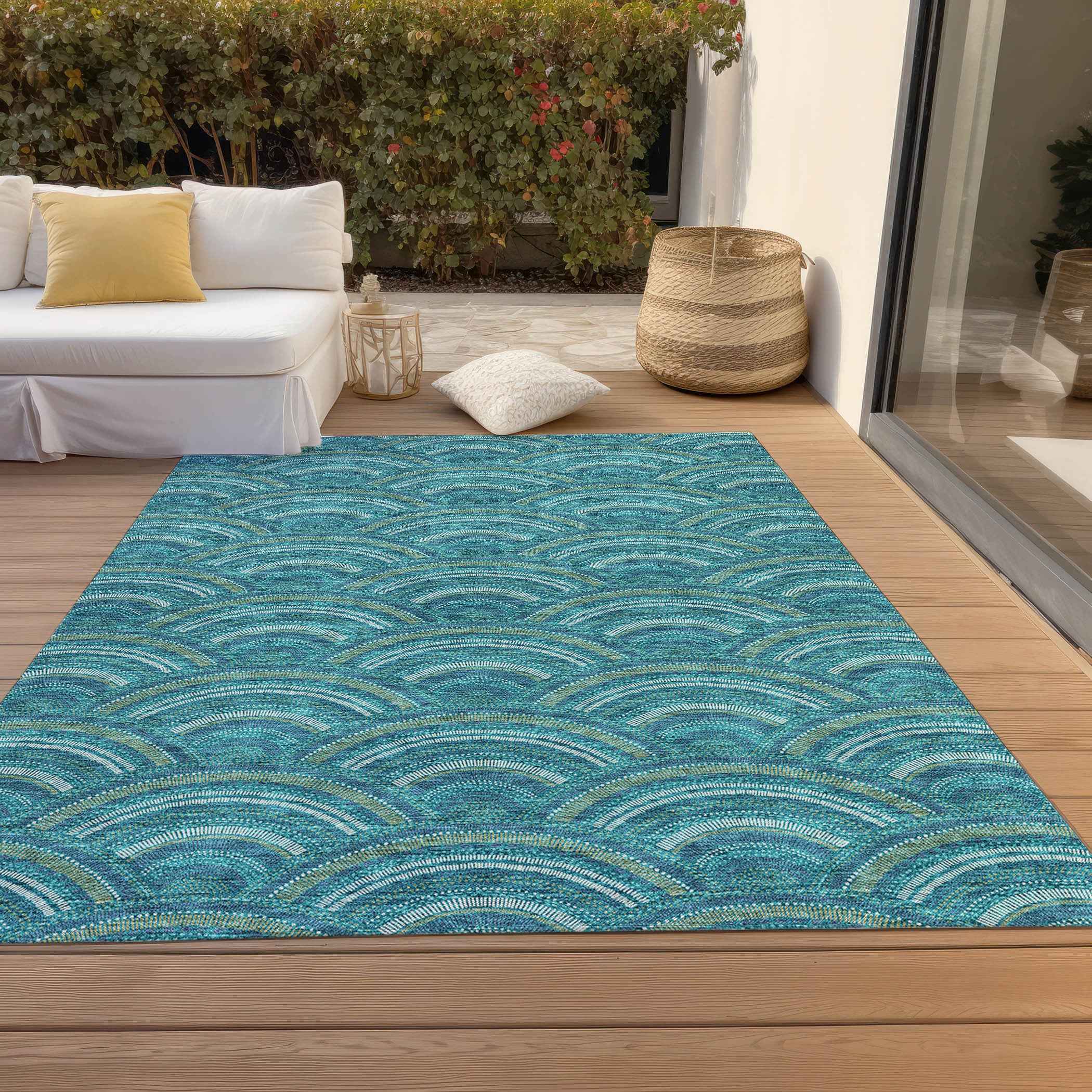 10' X 14' Teal Blue Fern Green And Ivory Geometric Washable Indoor Outdoor Area Rug