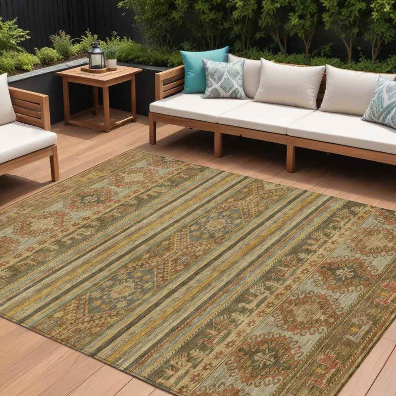 10' X 14' Beige Taupe And Gold Tribal Washable Indoor Outdoor Area Rug
