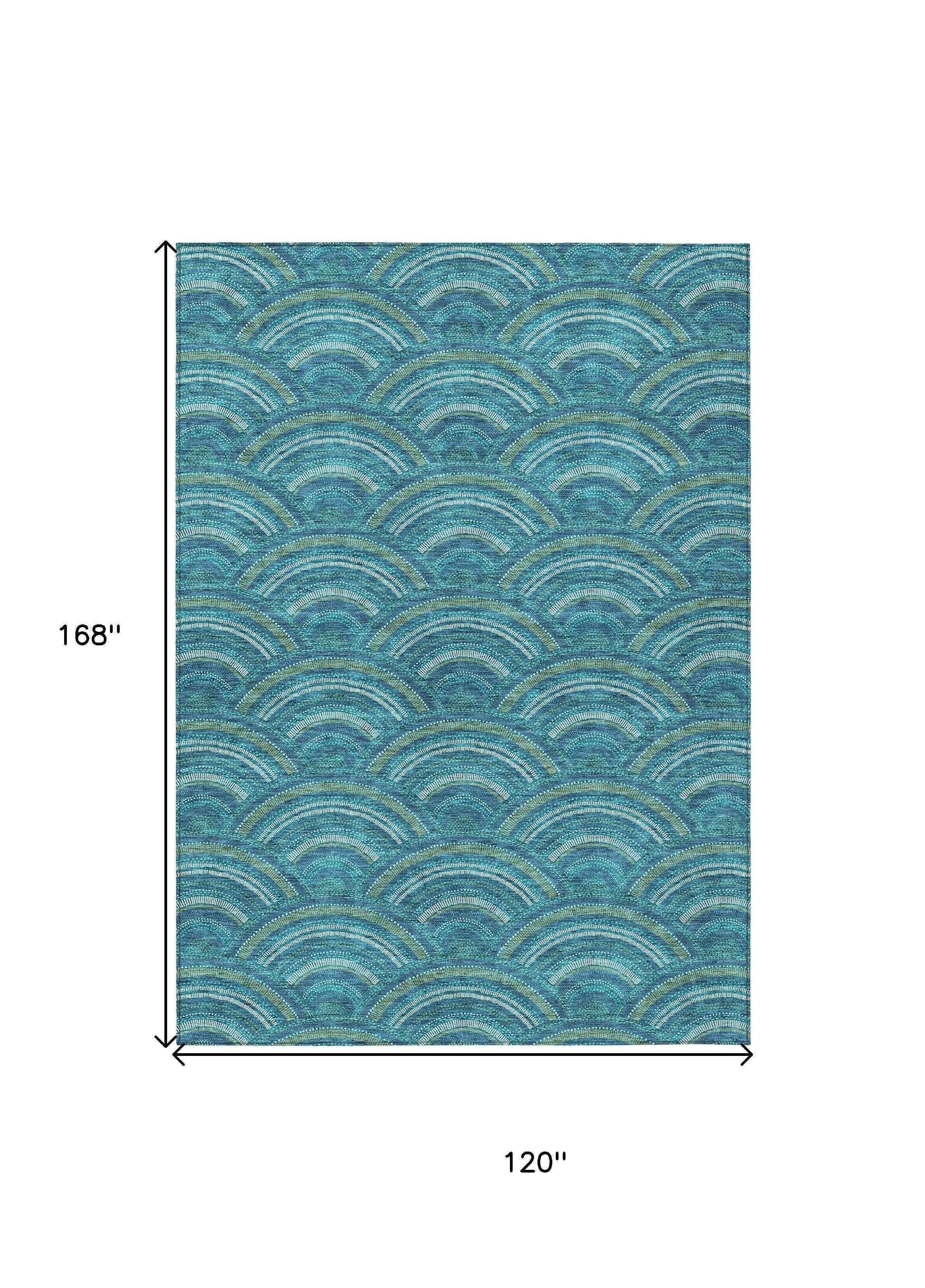 10' X 14' Teal Blue Fern Green And Ivory Geometric Washable Indoor Outdoor Area Rug