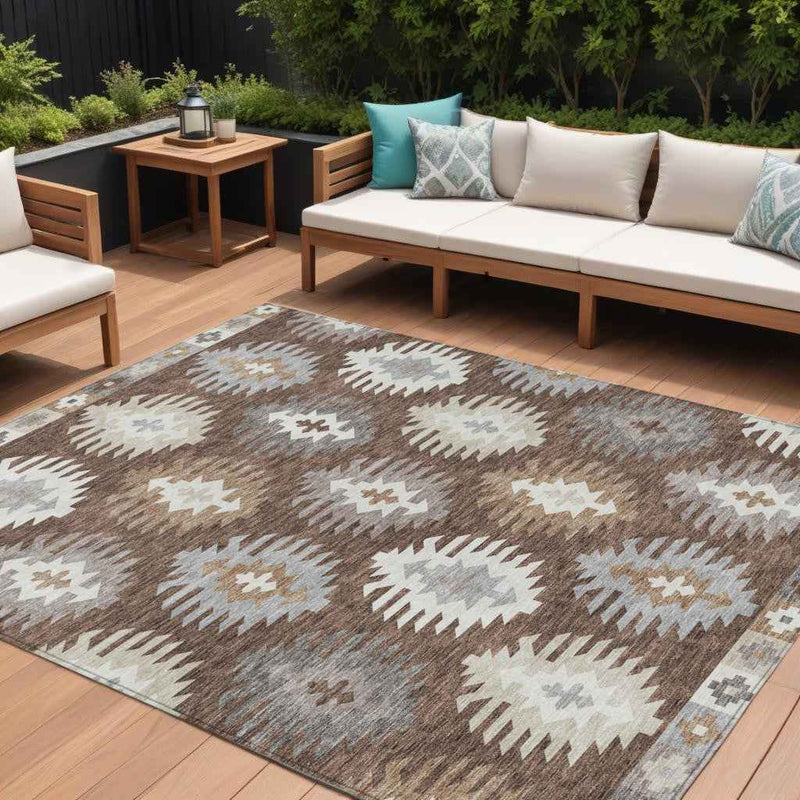 9' X 12' Brown Ivory And Taupe Southwestern Washable Indoor Outdoor Area Rug