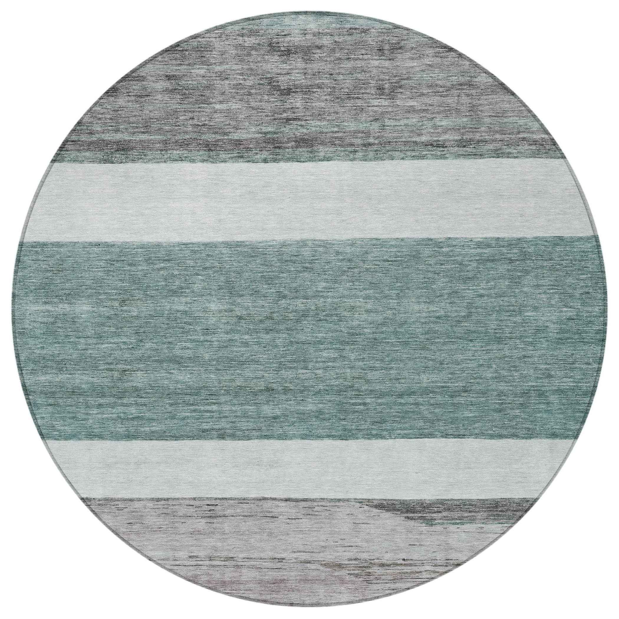 8' Teal Blue Off White And Gray Round Abstract Washable Indoor Outdoor Area Rug