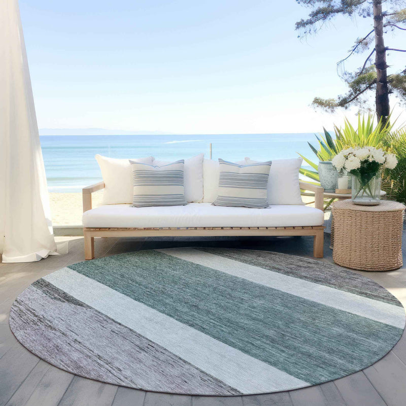 8' Teal Blue Off White And Gray Round Abstract Washable Indoor Outdoor Area Rug