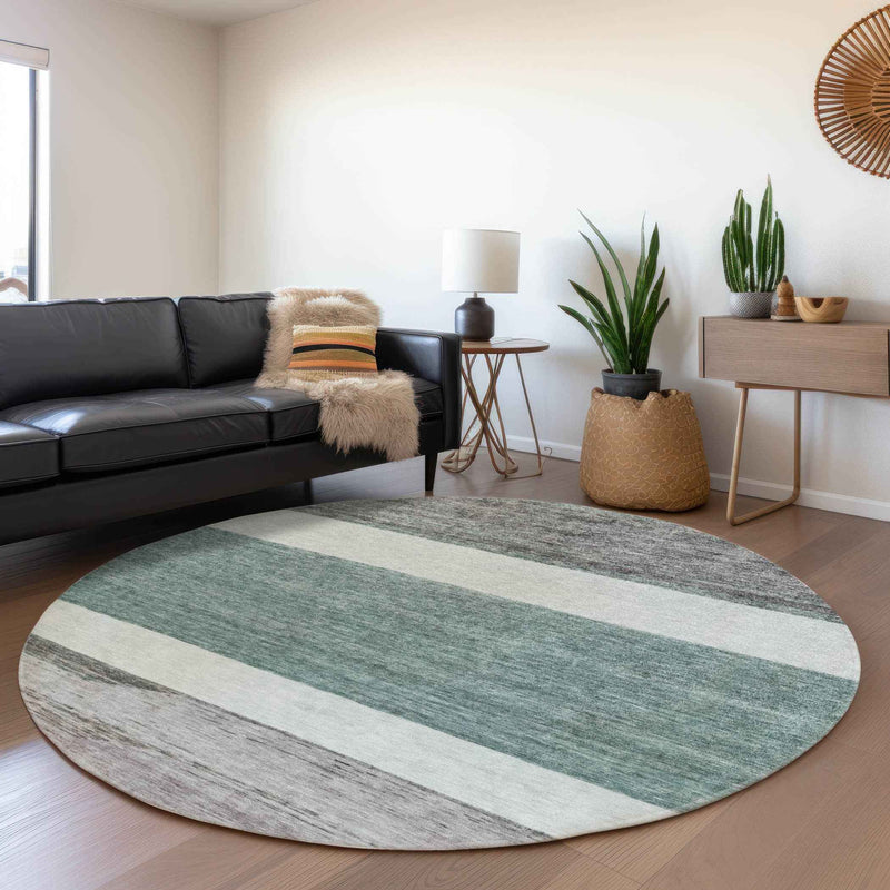 8' Teal Blue Off White And Gray Round Abstract Washable Indoor Outdoor Area Rug