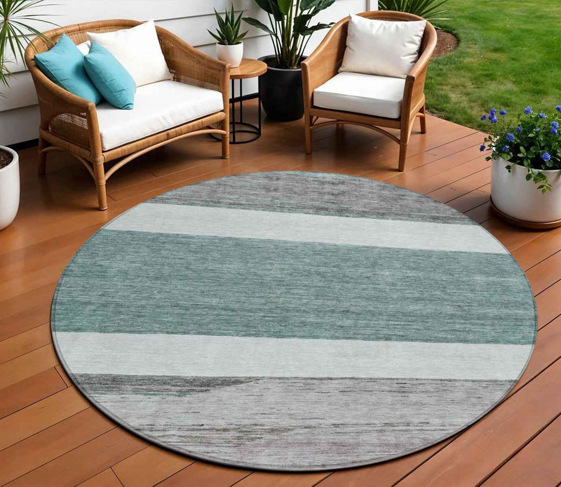 8' Teal Blue Off White And Gray Round Abstract Washable Indoor Outdoor Area Rug
