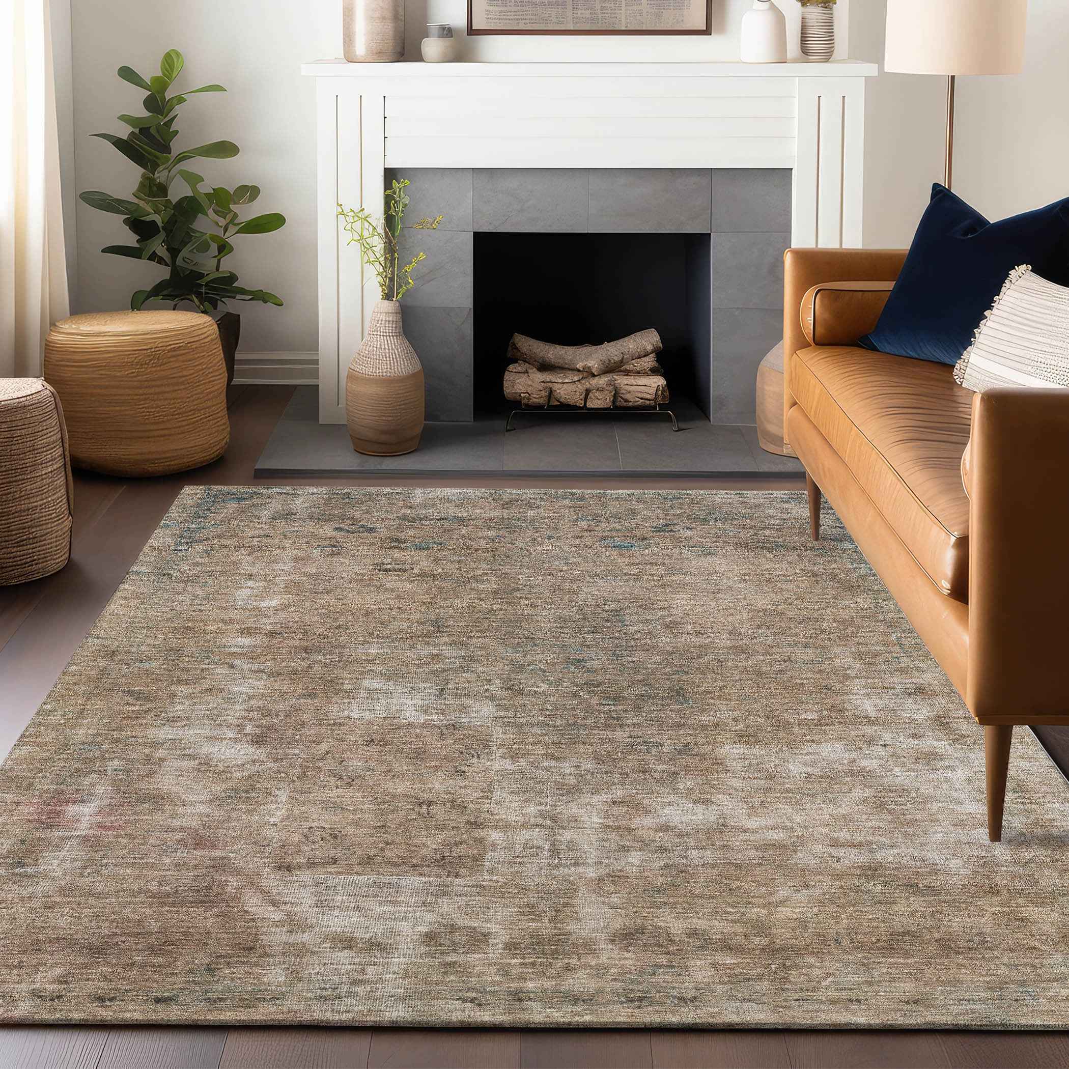 3' X 5' Beige And Taupe Abstract Washable Indoor Outdoor Area Rug