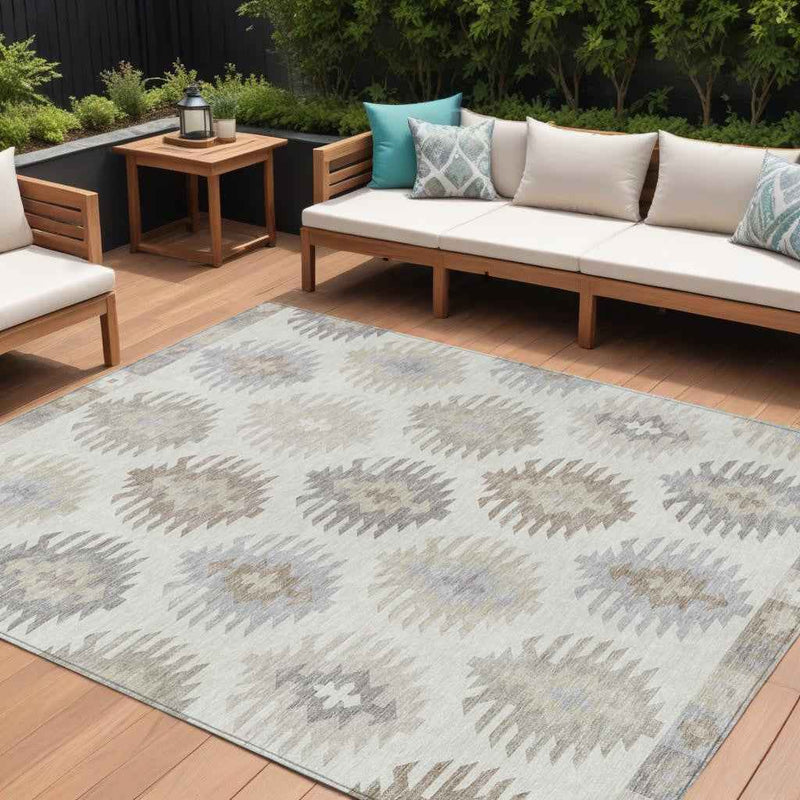 9' X 12' Ivory Khaki And Gray Southwestern Washable Indoor Outdoor Area Rug