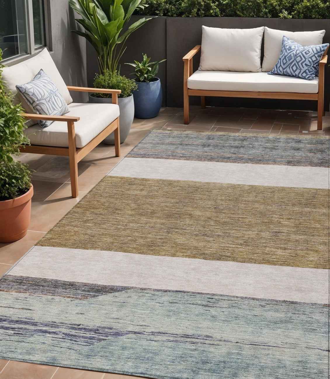 5' X 8' Brown Ivory And Blue Abstract Washable Indoor Outdoor Area Rug