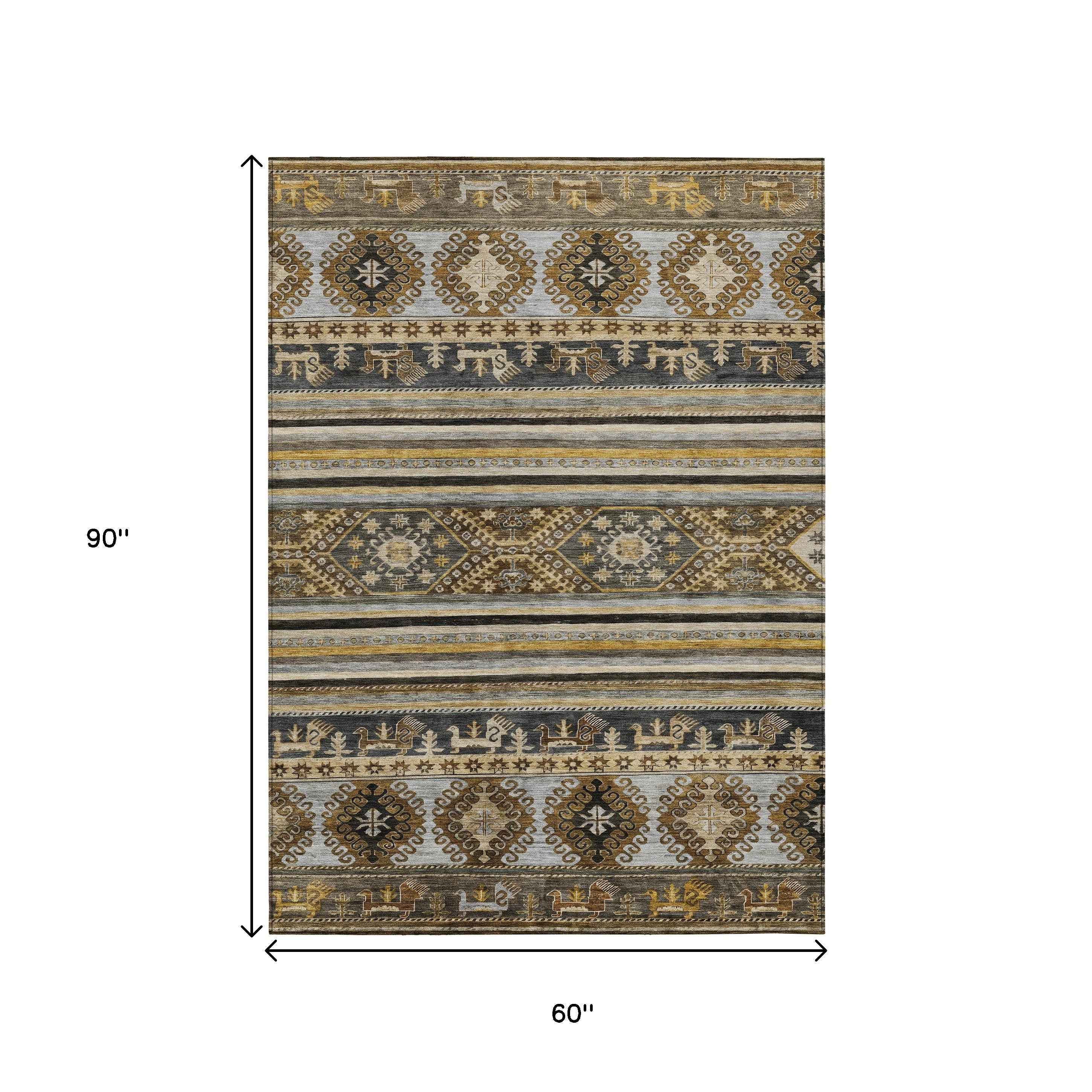 5' X 8' Chocolate Taupe And Gold Tribal Washable Indoor Outdoor Area Rug