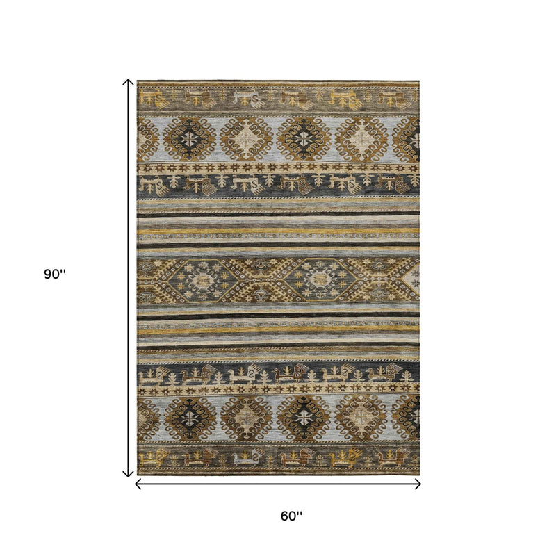 5' X 8' Chocolate Taupe And Gold Tribal Washable Indoor Outdoor Area Rug