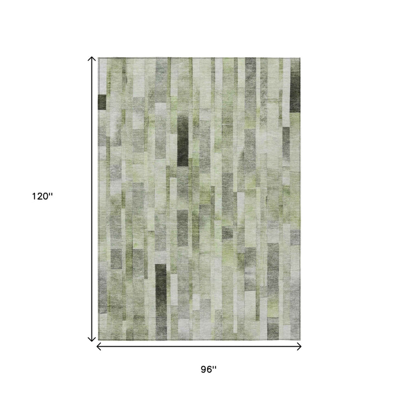 8' X 10' Green And Gray Striped Washable Indoor Outdoor Area Rug