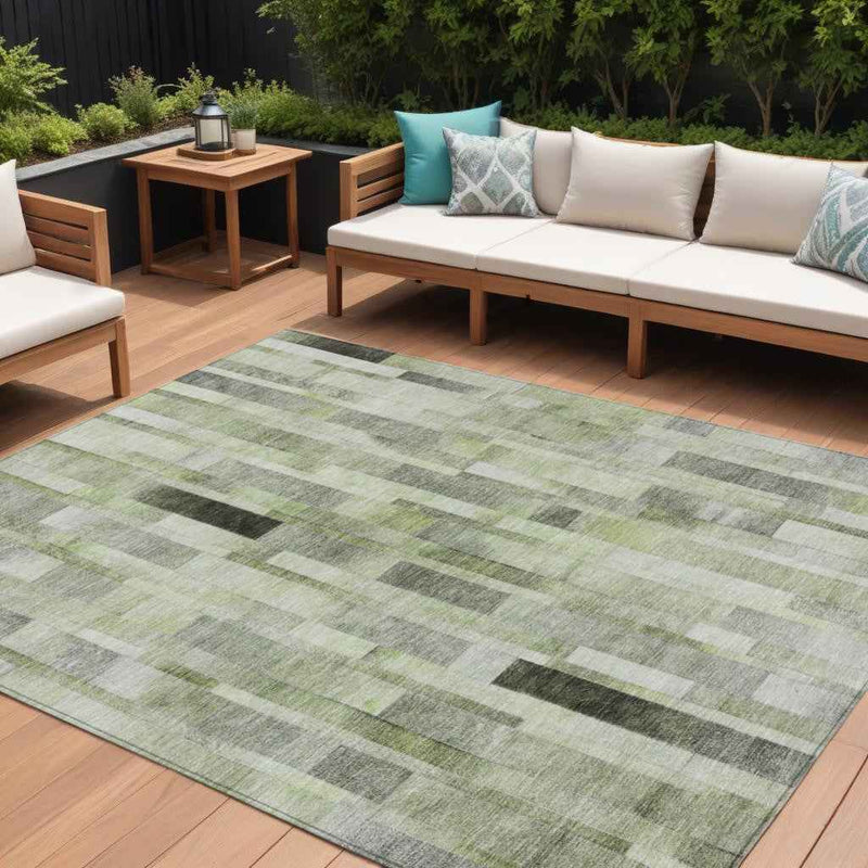 8' X 10' Green And Gray Striped Washable Indoor Outdoor Area Rug