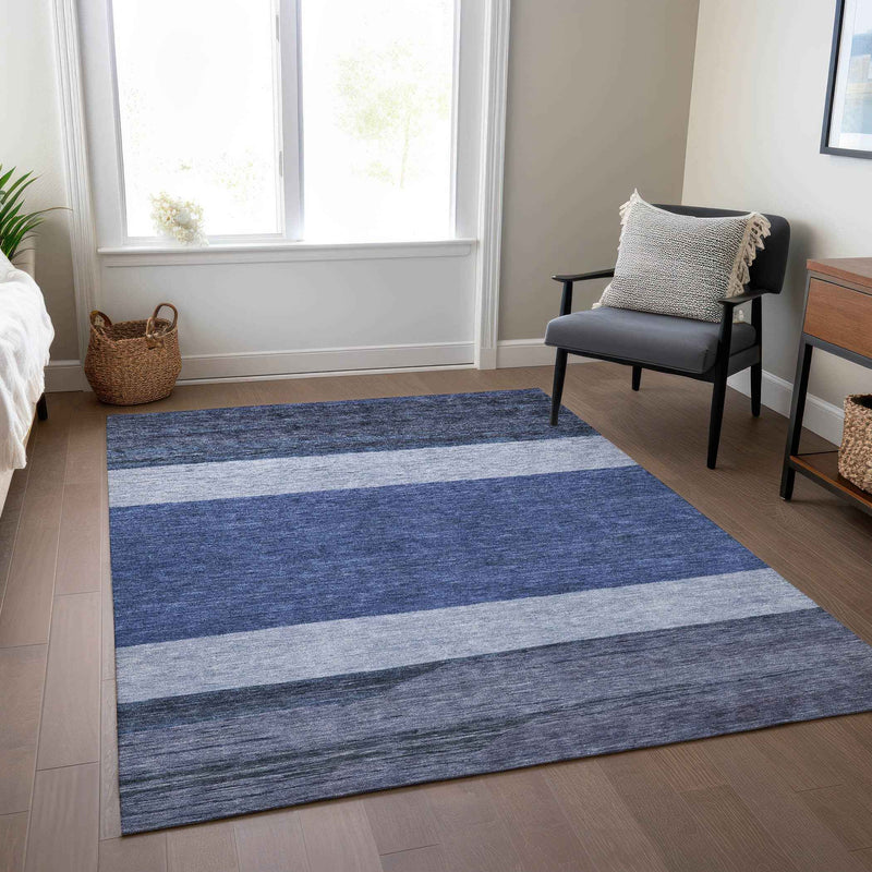 10' X 14' Navy Blue Sky Blue And Charcoal Abstract Washable Indoor Outdoor Area Rug