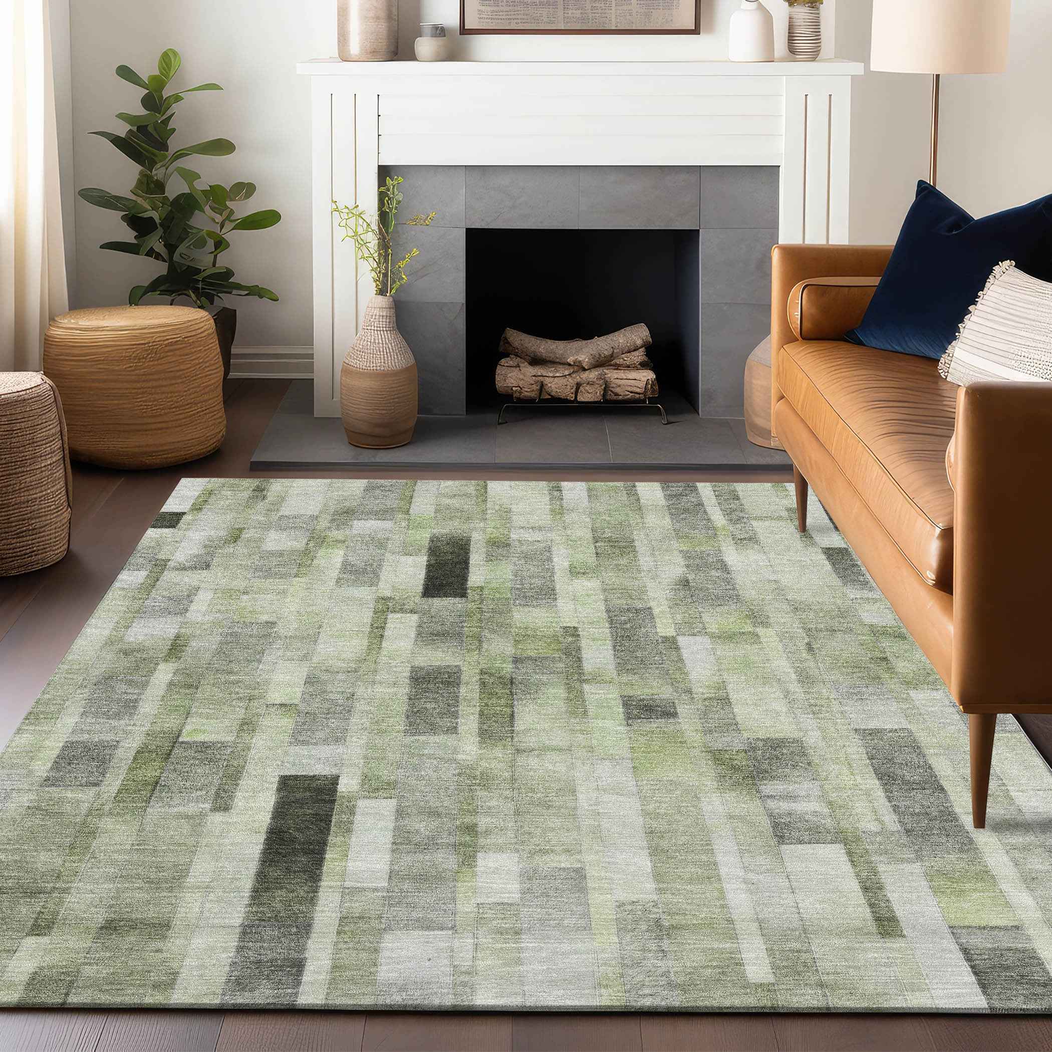 8' X 10' Green And Gray Striped Washable Indoor Outdoor Area Rug
