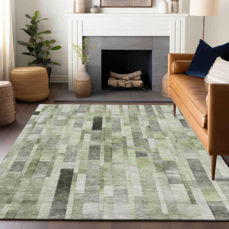 8' X 10' Green And Gray Striped Washable Indoor Outdoor Area Rug