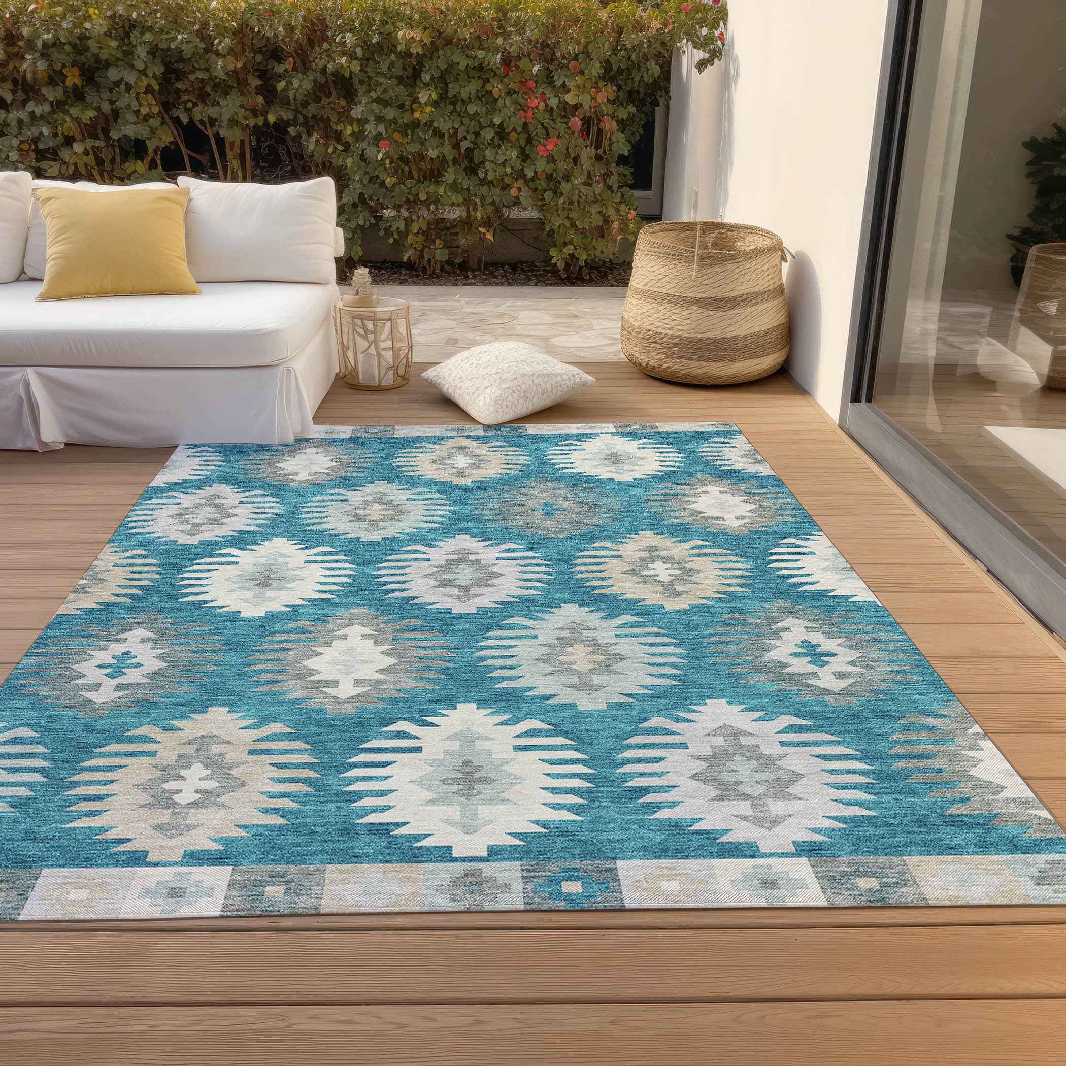 10' X 14' Teal Blue Ivory And Gray Southwestern Washable Indoor Outdoor Area Rug