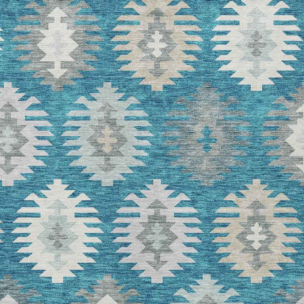 10' X 14' Teal Blue Ivory And Gray Southwestern Washable Indoor Outdoor Area Rug
