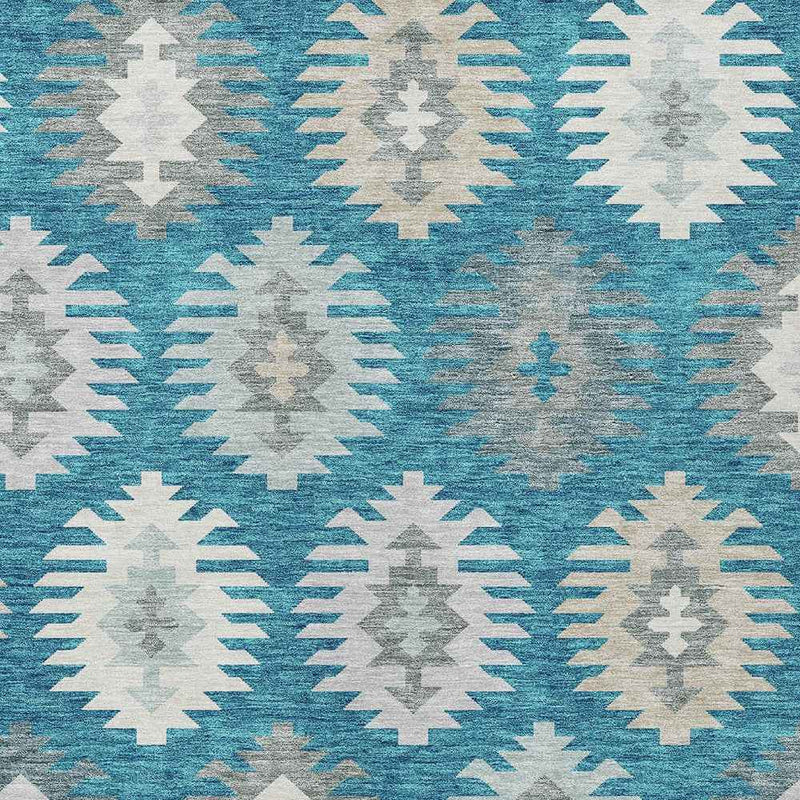 10' X 14' Teal Blue Ivory And Gray Southwestern Washable Indoor Outdoor Area Rug