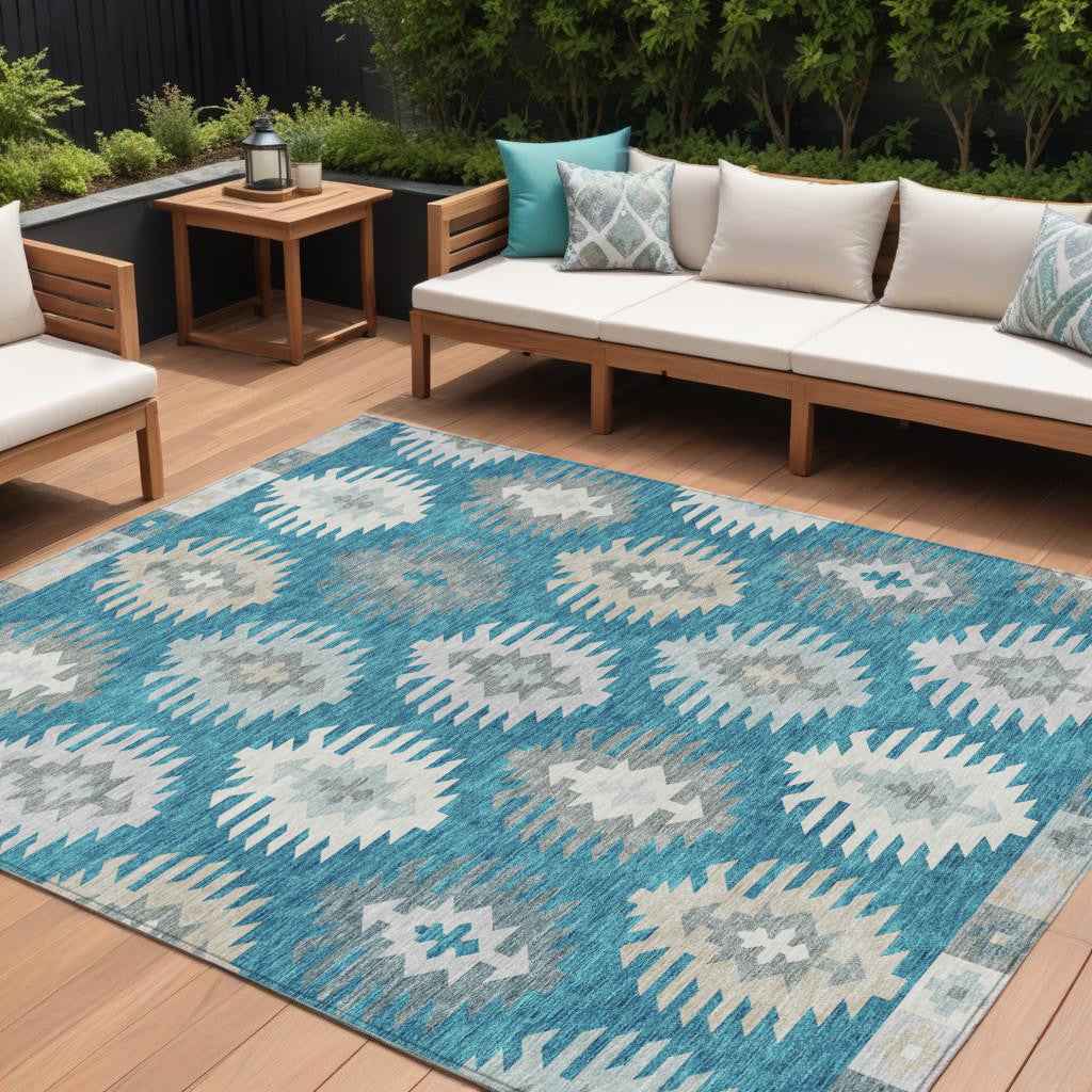 10' X 14' Teal Blue Ivory And Gray Southwestern Washable Indoor Outdoor Area Rug