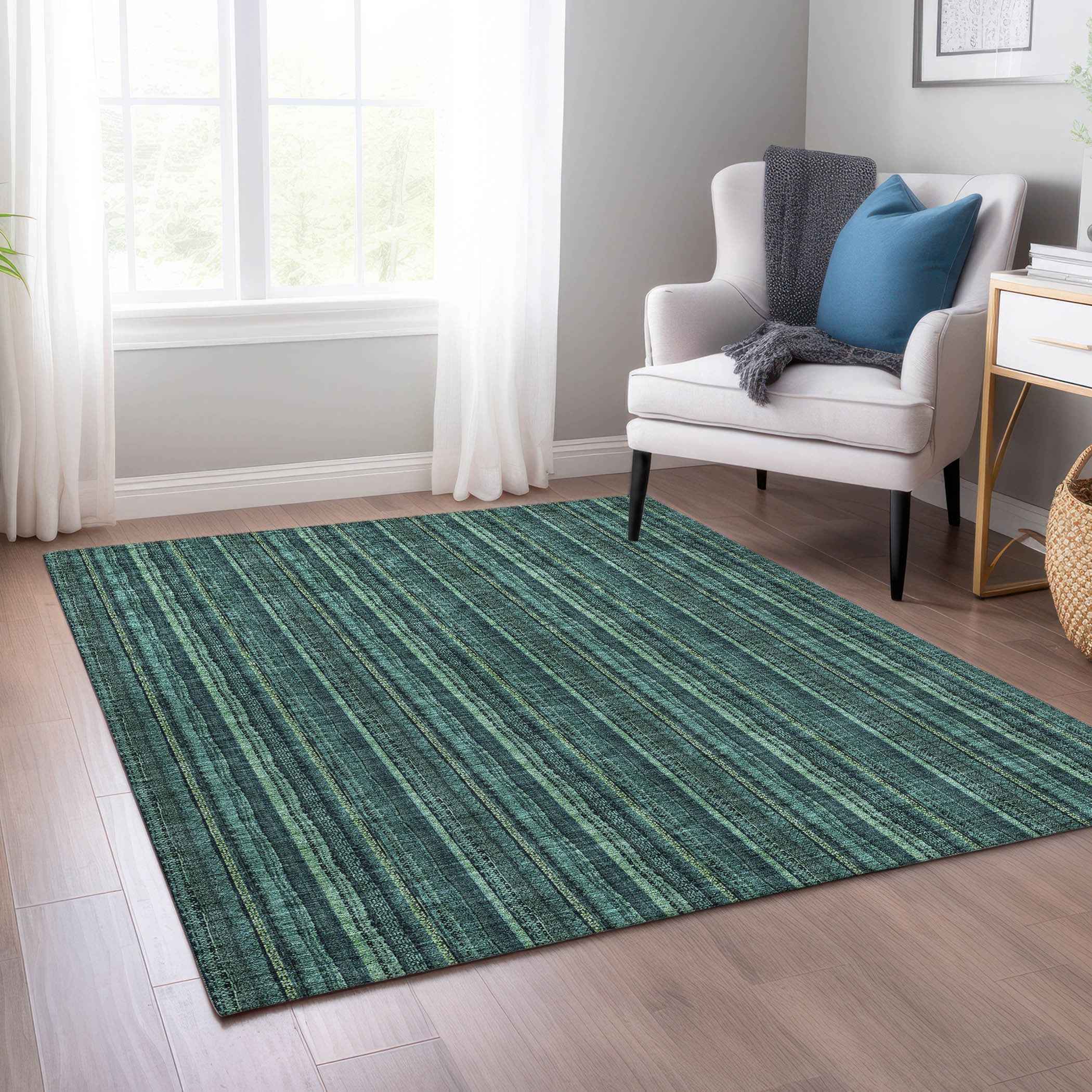 5' X 8' Teal Blue Aqua And Mint Green Striped Washable Indoor Outdoor Area Rug