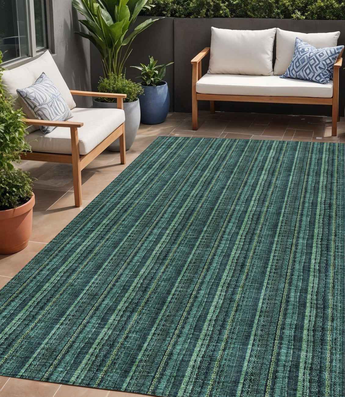 5' X 8' Teal Blue Aqua And Mint Green Striped Washable Indoor Outdoor Area Rug